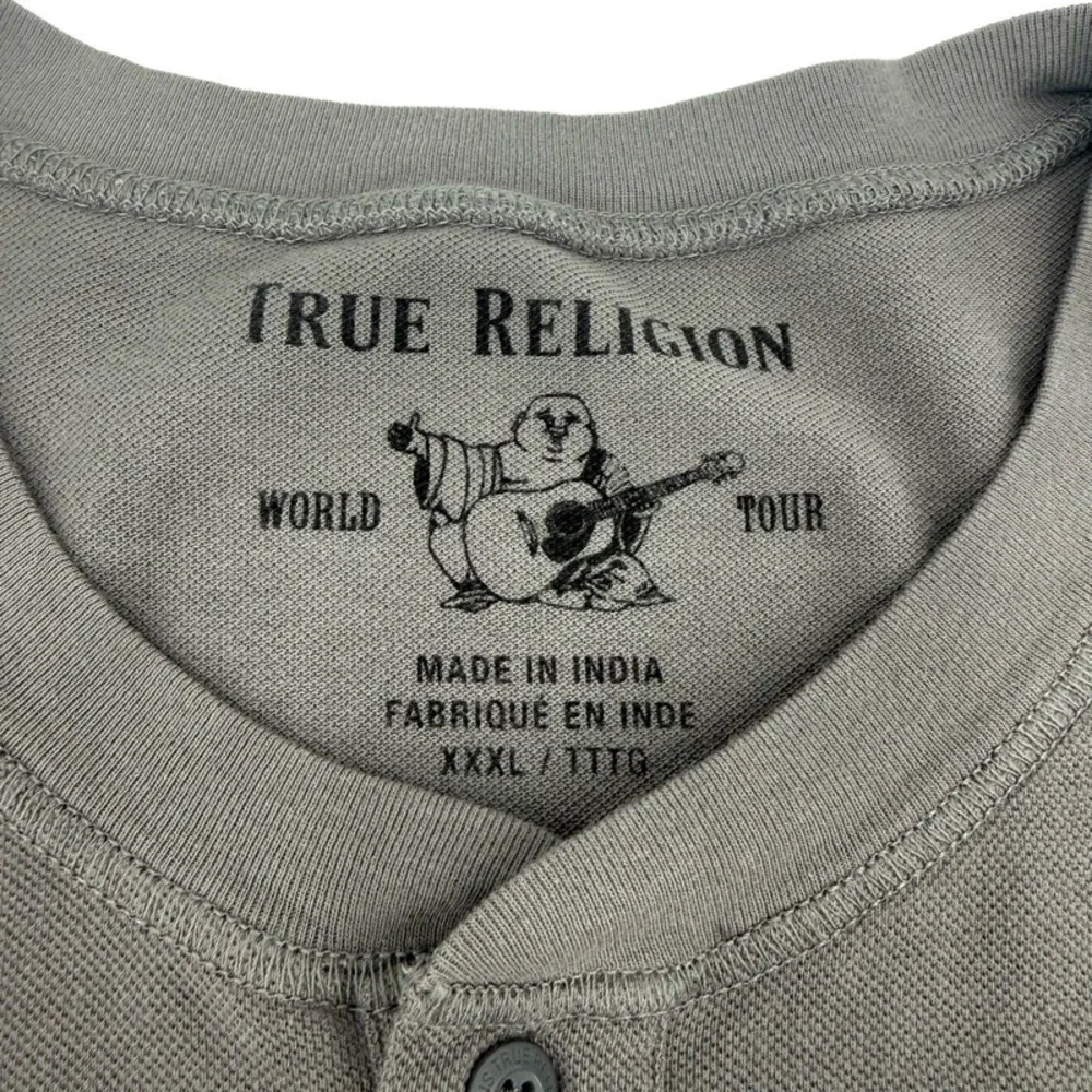 TRUE RELIGION *FLAW* NEW 3XL Henley Shirt Charcoal Gray Long Sleeve Logo Y2K